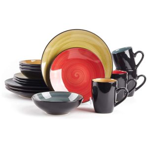 Aparelho de Jantar de 16 Peças Stoneware Sonoma Lavagem Especial em Preto com Pontos Cores Misturadas Azul Verde Vermelho AmareloHomeVss