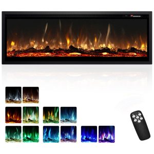 Lareira Elétrica EUHOMY de 127 cm Embutida na Parede ou Autônoma com Controle Remoto - Chama Ajustável em Cores Timer e Potência de 750/1500W
