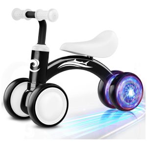 Bicicleta sem Pedal com Assento Macio Rodas Silenciosas e Iluminação para Crianças de 1 a 3 Anos Gamfeiny Preta