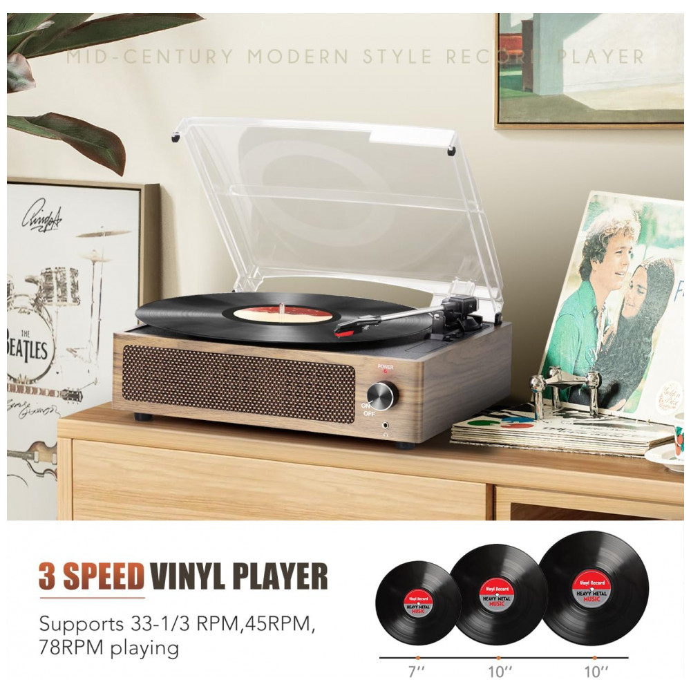 Toca Discos Retro 3 Velocidades com Alto Falantes e Entrada AUX Seasonlife Marrom Claro - Imagem 3