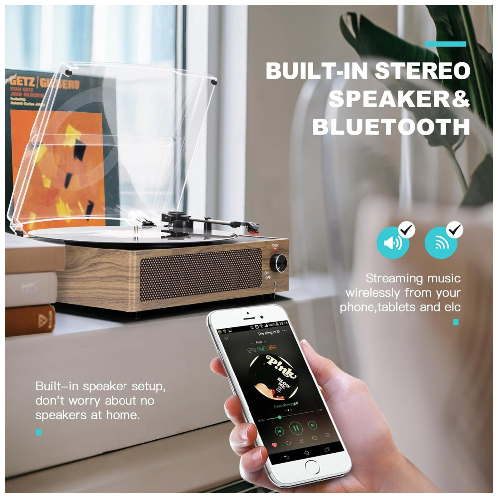 Toca Discos Retro 3 Velocidades com Alto Falantes e Entrada AUX Seasonlife Marrom Claro - Imagem 4