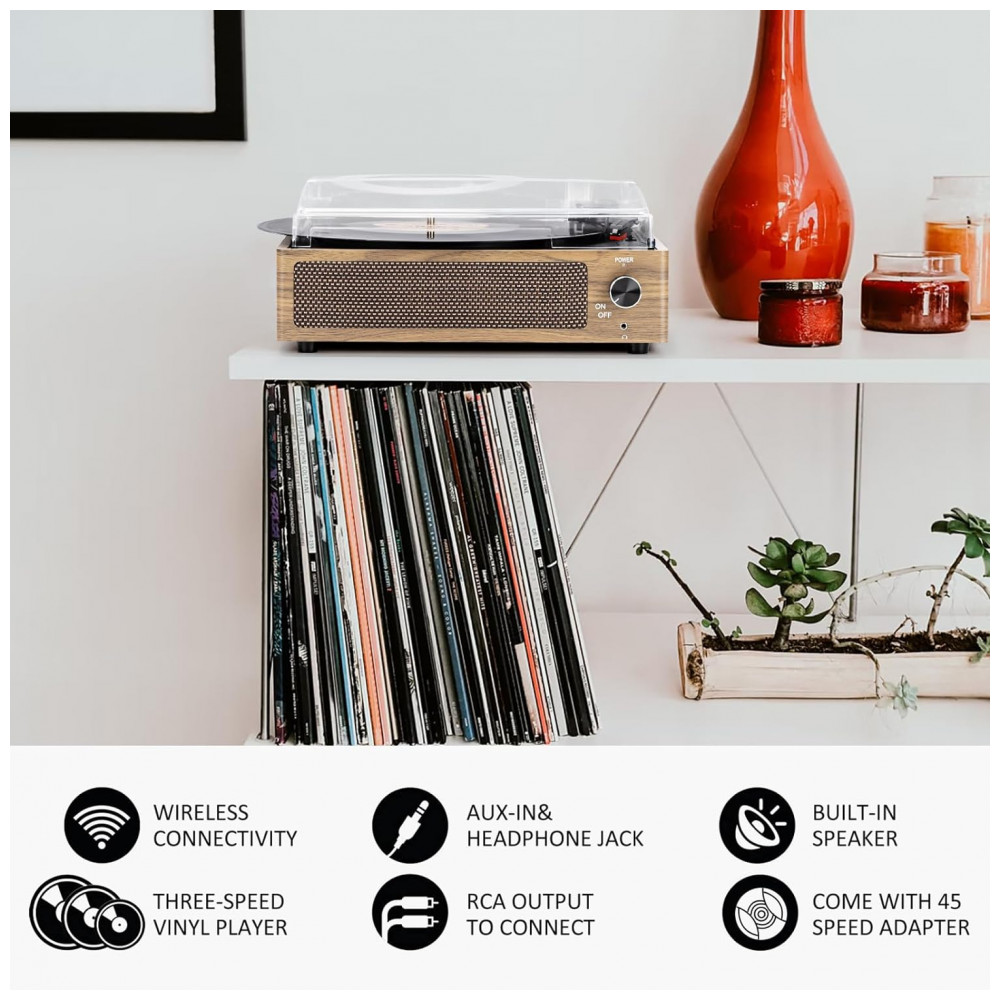 Toca Discos Retro 3 Velocidades com Alto Falantes e Entrada AUX Seasonlife Marrom Claro - Imagem 5