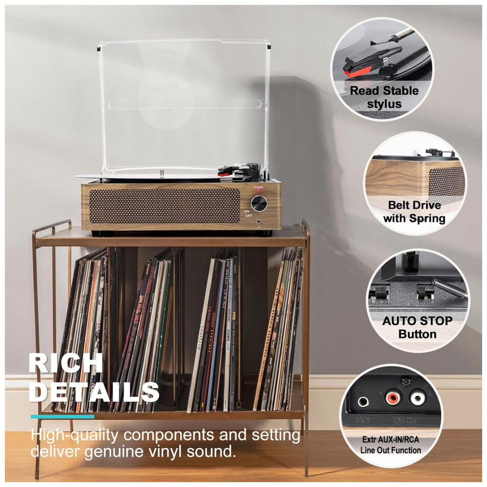 Toca Discos Retro 3 Velocidades com Alto Falantes e Entrada AUX Seasonlife Marrom Claro - Imagem 6