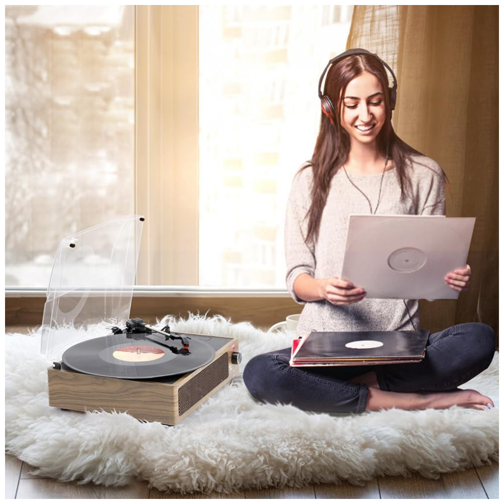 Toca Discos Retro 3 Velocidades com Alto Falantes e Entrada AUX Seasonlife Marrom Claro - Imagem 8