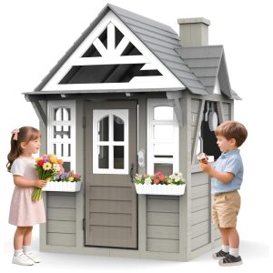 Casa de Madeira de Cedro Cinza para Crianças de 3 a 6 anos com Cozinha Campainha e Telefone InterativosBTMWAY