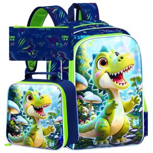 Mochila Infantil WZLVO com Estampa de Dinossauro UV Kit 3 Peças com Lancheira e Estojo - Verde