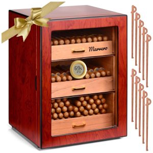 Umidor de Madeira de Cedro com Higrômetro Digital Gavetas Hidrificadores e Ferragens Banho de Ouro. Armário para Cigarros para Homens Marvero
