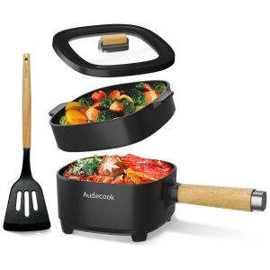 Panela elétrica Audecook hot pot 2L preta com cesto vapor frigideira 8 pol antiaderente dupla potência 350W/800W portátil 220V espátula silicone