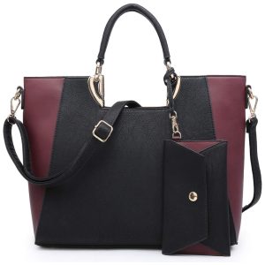 Bolsa de Ombro Feminina em Dois Tons com Carteira Combinando DASEIN XL 11 6949 1 BK WN Vermelho