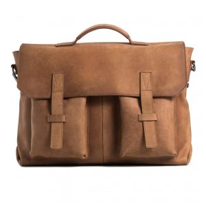 Bolsa Carteiro Masculina de Couro Grão Integral para Laptop com 15 Polegadas e Fecho Magnético VELEZ Marrom