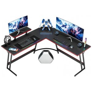 Mesa Gamer em L Homall Preto 128 cm com Suporte para Monitor Removível e Gaveta Acabamento Carbono Fibra Polido Estrutura em Z Soldada