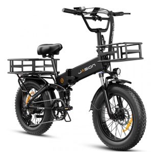 Bicicleta elétrica dobrável Jasion preta pneus largos 20x4 motor 1400W bateria removível 48V 624Wh suspensão dupla 7 marchas carregador 110–220V