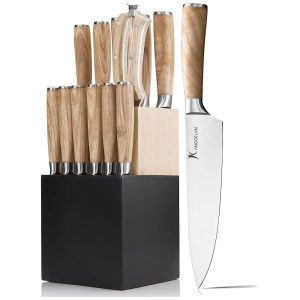 Conjunto de Facas em Aço Inoxidável com Bloco de Bancada e Cabo em Madeira 14 Peças Kangdelun Marrom