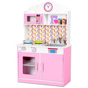 Cozinha Infantil em Madeira com Som Realista Micro-ondas Frigideira e Acessórios Costzon Rosa