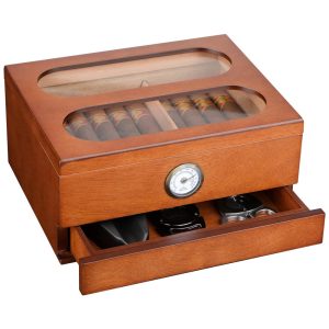 Umidor de Charutos Premium com Controle de Umidade COOL KNIGHT - Higrômetro Frontal Umidificador e Gavetas de Acessórios em Vidro Temperado