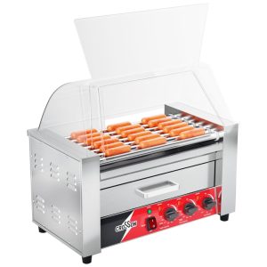 Máquina de Salsicha Hot Dog Grill CROSSON7 rolos antiaderentescom aquecedor de pães e proteção transparentecomercial inox 304 ideal para cozinhar