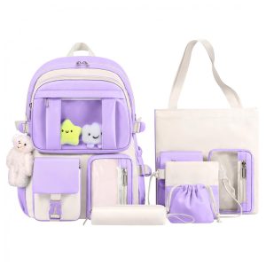 Mochila HORHREAR Kawaii 5 em 1 escolar transparente com pelúcia e estojo roxa clara