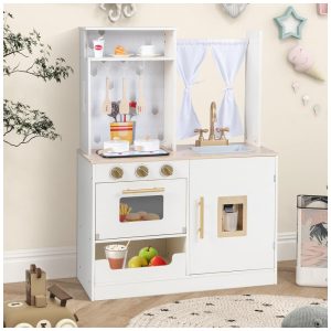 Cozinha Infantil em Madeira com Som e Luz Realista Forno Pia Micro-Ondas e Armário de Armazenamento INFANS Branca