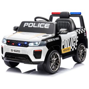 Carro Elétrico Infantil de Polícia com Controle Remoto Música Buzina Sirenes e Luzes LED 12V HOMMOW Branco