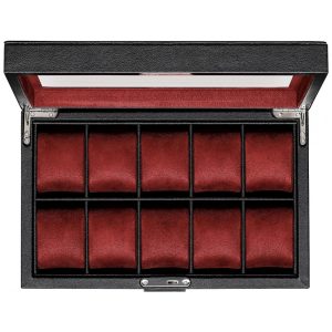 Caixa Estojo de Couro com Trava e Visor de Vidro para Relógios com 10 Compartimentos ROTHWELL Preto e Vermelho