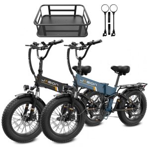 Kit com 2 bicicletas elétricas dobráveis Jasion Hunter Pro preto e azul pneu grosso 20" motor 1000W pico 1800W bateria 48V 15Ah até 128 km 110V