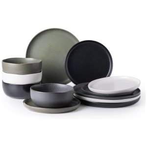 Conjunto de Jantar AmorArc em Cerâmica Stoneware Colorido Borda Ondulada Alta Resistência 12 Peças para 4 Pessoas