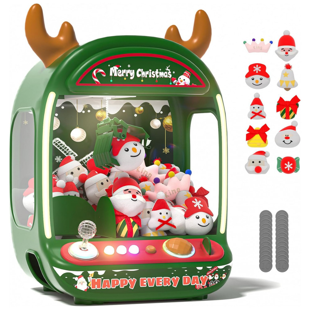 Máquina de Garra de Natal Skirfy Verde para Crianças, Mini Arcade com Joystick de Cristal, Dispensador de Brinquedos de Pelúcia e Doces, 6+ Anos