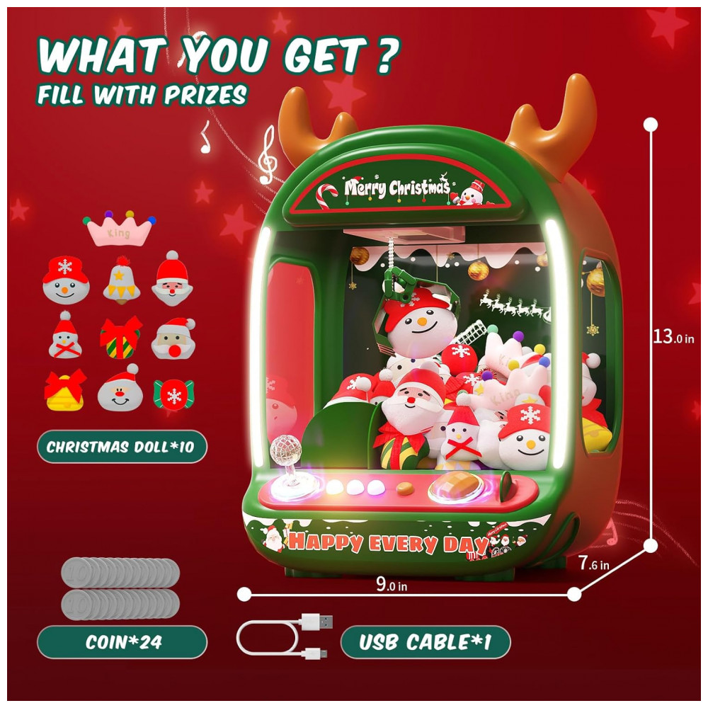 Máquina de Garra de Natal Skirfy Verde para Crianças, Mini Arcade com Joystick de Cristal, Dispensador de Brinquedos de Pelúcia e Doces, 6+ Anos - Imagem 2