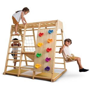 Playground Interno Avenlur Magnolia 6-em-1 Estilo Montessori Waldorf com Escorregador Parede de Escalada Rede Barra de Macaco e Balanço.