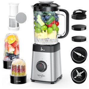 Liquidificador e Processador de Alimentos 11L com 3 Recipientes e 2 Acessórios de Lâmina 110V 350W Sangcon Cinza