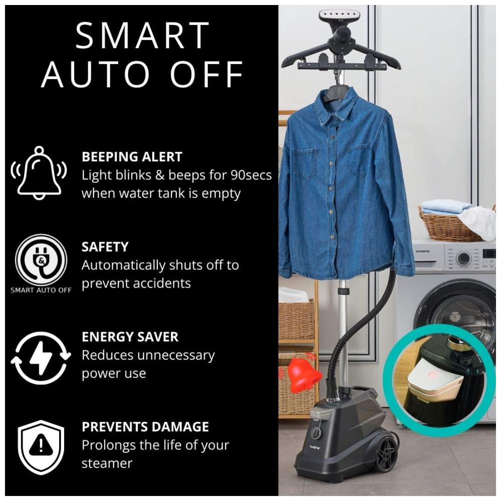 True Tidy: Vaporizador de Roupas Industrial Pesado de Pé, 1800 watts, Reservatório de Água Extra Grande de 3L, 90 minutos de Vapor Contínuo, Preto Fos - Imagem 3