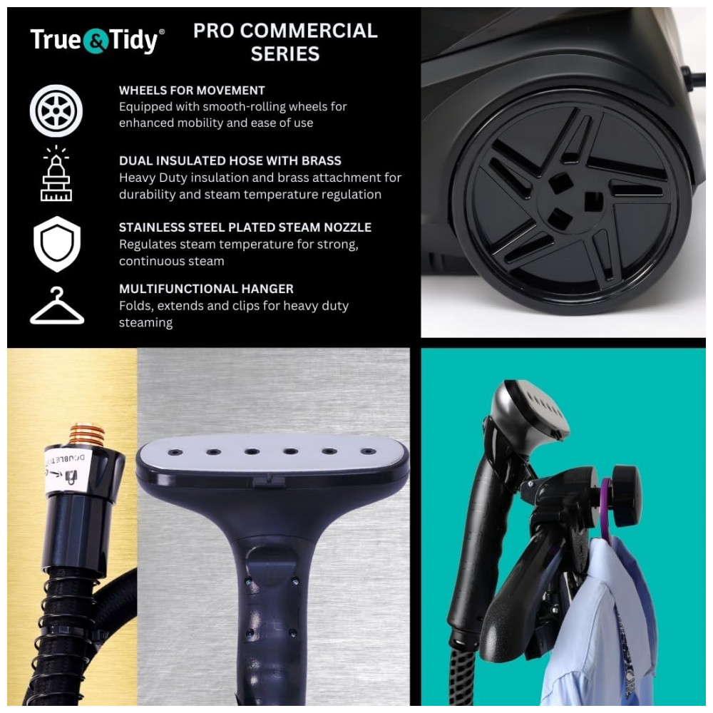 True Tidy: Vaporizador de Roupas Industrial Pesado de Pé, 1800 watts, Reservatório de Água Extra Grande de 3L, 90 minutos de Vapor Contínuo, Preto Fos - Imagem 4