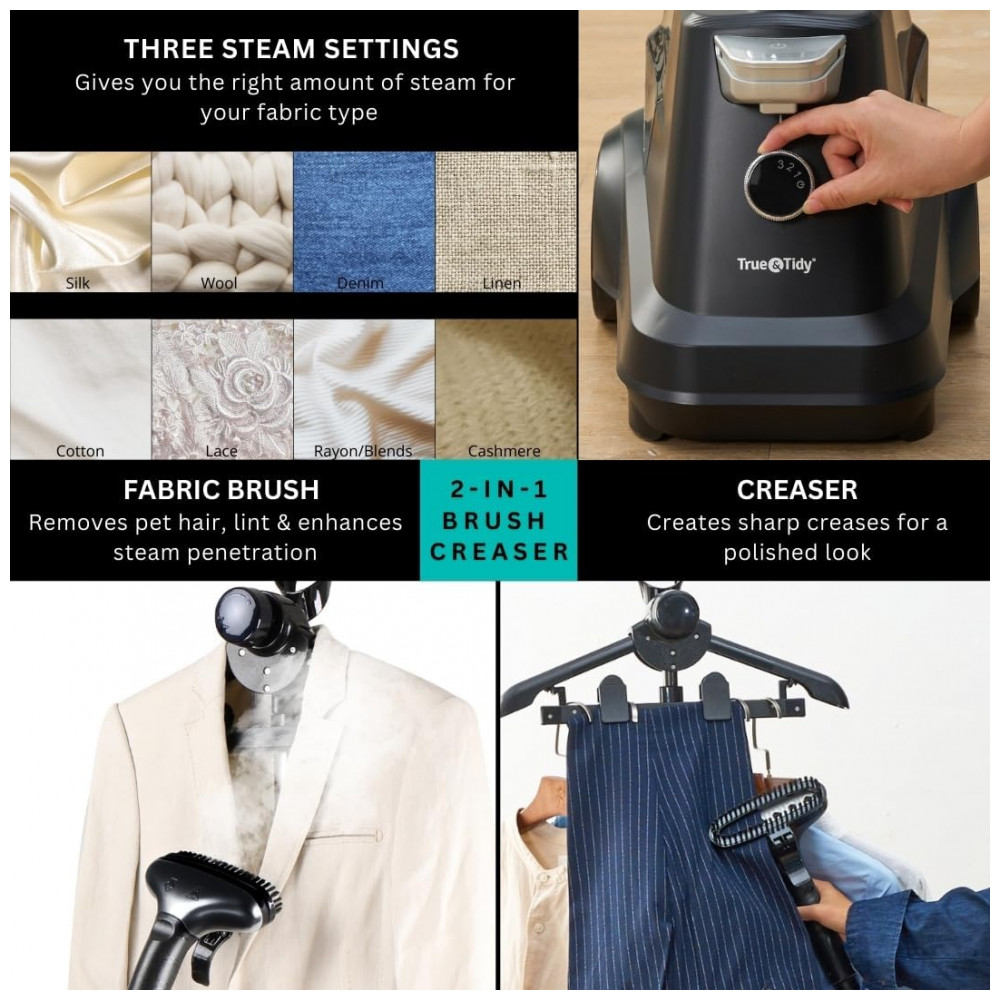 True Tidy: Vaporizador de Roupas Industrial Pesado de Pé, 1800 watts, Reservatório de Água Extra Grande de 3L, 90 minutos de Vapor Contínuo, Preto Fos - Imagem 5