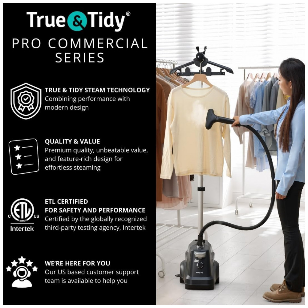 True Tidy: Vaporizador de Roupas Industrial Pesado de Pé, 1800 watts, Reservatório de Água Extra Grande de 3L, 90 minutos de Vapor Contínuo, Preto Fos - Imagem 6