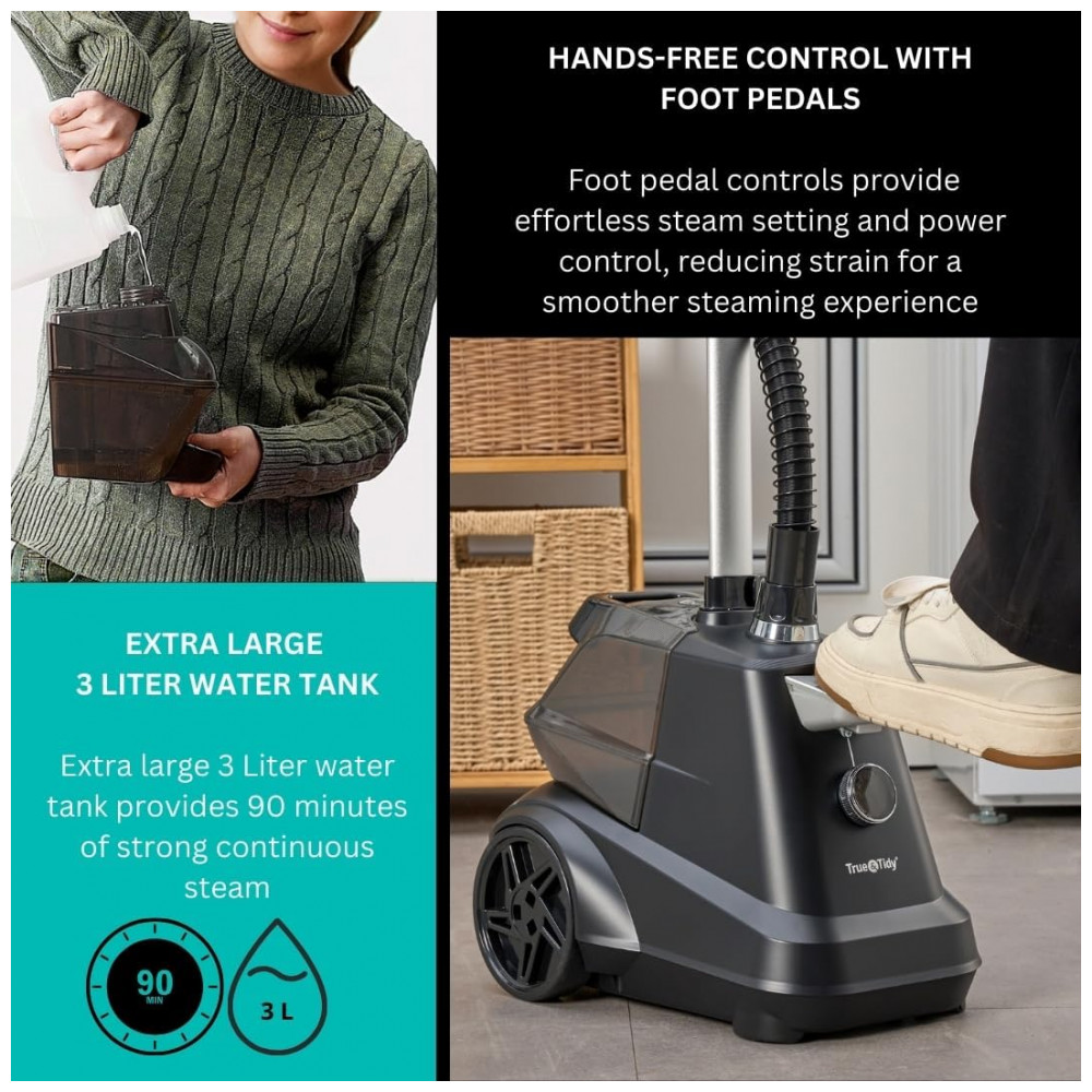 True Tidy: Vaporizador de Roupas Industrial Pesado de Pé, 1800 watts, Reservatório de Água Extra Grande de 3L, 90 minutos de Vapor Contínuo, Preto Fos - Imagem 8
