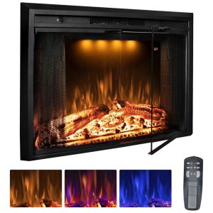 Lareira Elétrica de Embutir A62x76L com Porta de Vidro Tela de Malha Chamas Multicoloridas e Sons de Crepitação de Fogo 110V 1500W Benrocks Preta