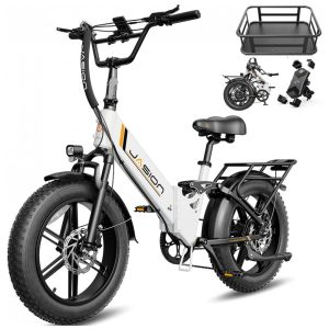 Bicicleta elétrica dobrável Jasion X-Hunter ST branca com cesto traseiro pneus 20x4 motor 750W pico 1400W bateria 48V 13Ah 70 km 110V