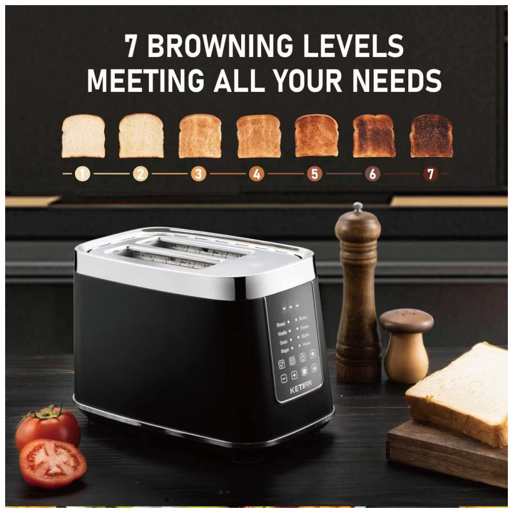 Torradeira Elétrica 2 Fatias com 7 Níveis de Tostagem em Aço Inoxidável e Painel Digital 110V 1400W KETIAN Preta - Imagem 4