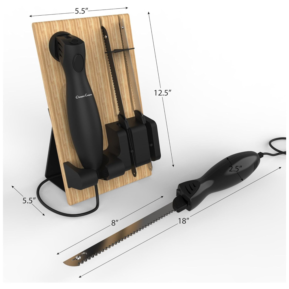 Kit de Facas Elétricas com 2 Lâminas de Aço Inoxidável Cabo Ergonômico e Suporte de Madeira para Cortar Pães Carnes Classic Cuisine. - Imagem 3