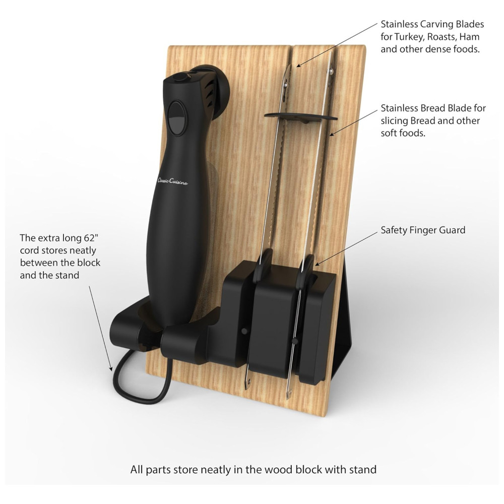 Kit de Facas Elétricas com 2 Lâminas de Aço Inoxidável Cabo Ergonômico e Suporte de Madeira para Cortar Pães Carnes Classic Cuisine. - Imagem 4