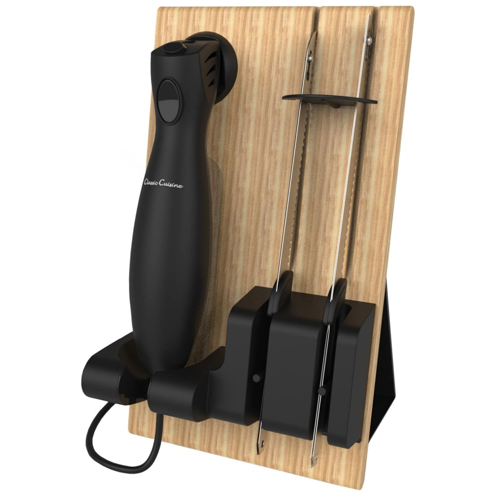 Kit de Facas Elétricas com 2 Lâminas de Aço Inoxidável Cabo Ergonômico e Suporte de Madeira para Cortar Pães Carnes Classic Cuisine. - Imagem 6