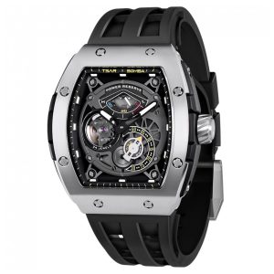 Relógio Automático Mecânico TSAR BOMBA Preto Mostrador Esqueleto Grande Ponteiro Luminoso Cristal Safira Sintética Correa FKM TB8210SIBLA ​