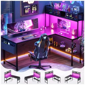 Mesa Gamer L Aheaplus 150 cm Preto com Tomada Elétrica Luz LED Prateleiras Reversíveis e Ganchos Modelo 150 cm (150x150x48 cm)