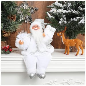 Enfeite de Natal AnyDesign: Papai Noel Sentado Artesanal com Casaco Branco e Prata Bolsa de Presente e Presentes Decoração Natalina para Casa