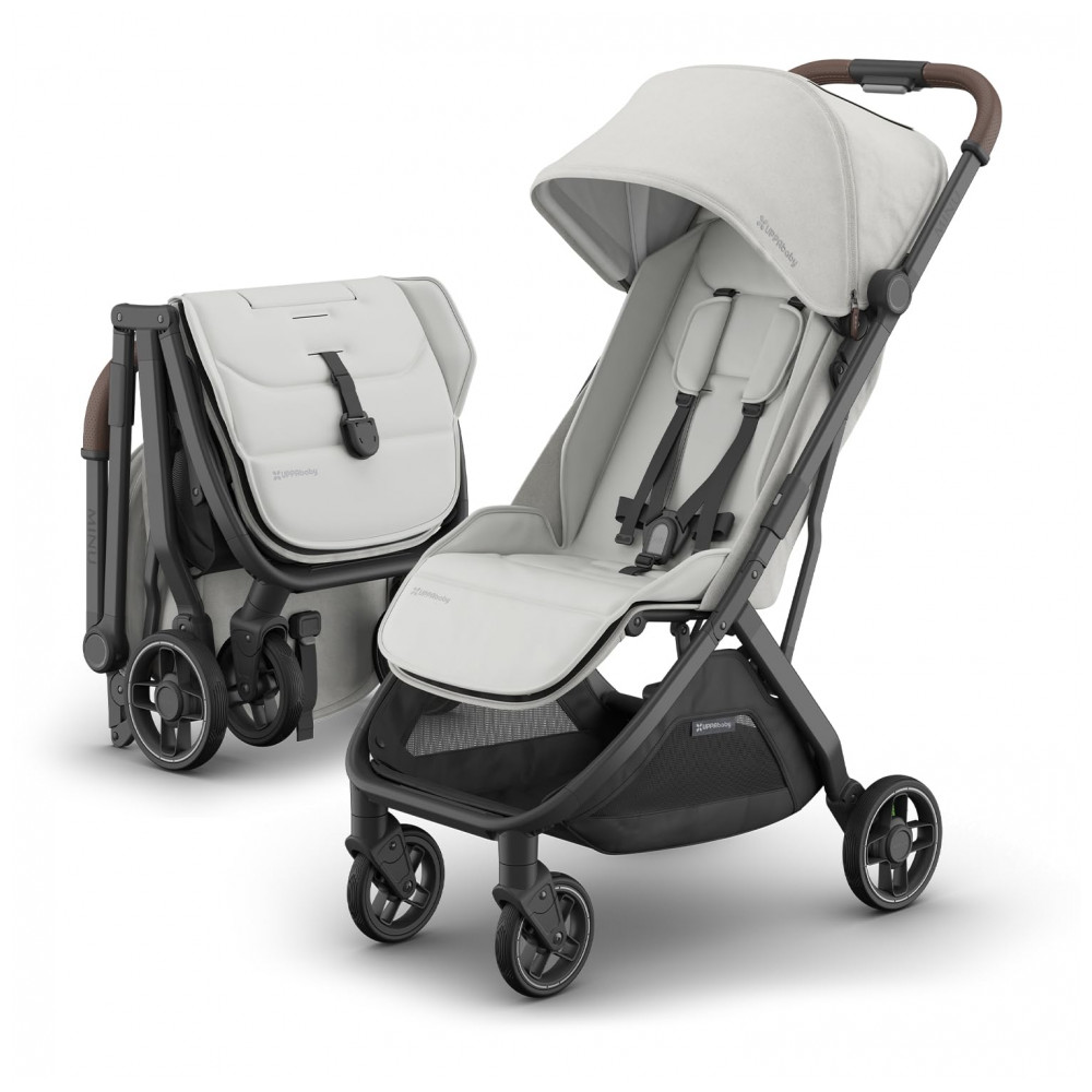 Carrinho de Bebê Compacto UPPAbaby Minu V3 Savannah Cinza Pérola/Alumínio Carbono/Couro Castanho Dobrável com Uma Mão Leve Compatível com Assentos de Carro para Uso desde o Nascimento