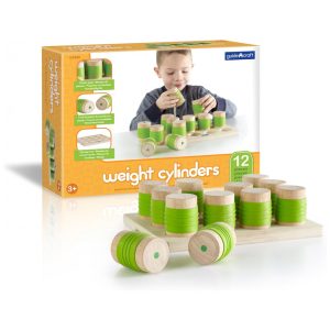 Jogo de cilindros de peso Guidecraft em madeira com bandeja de armazenamento e 12 peças para pareamento de pesos