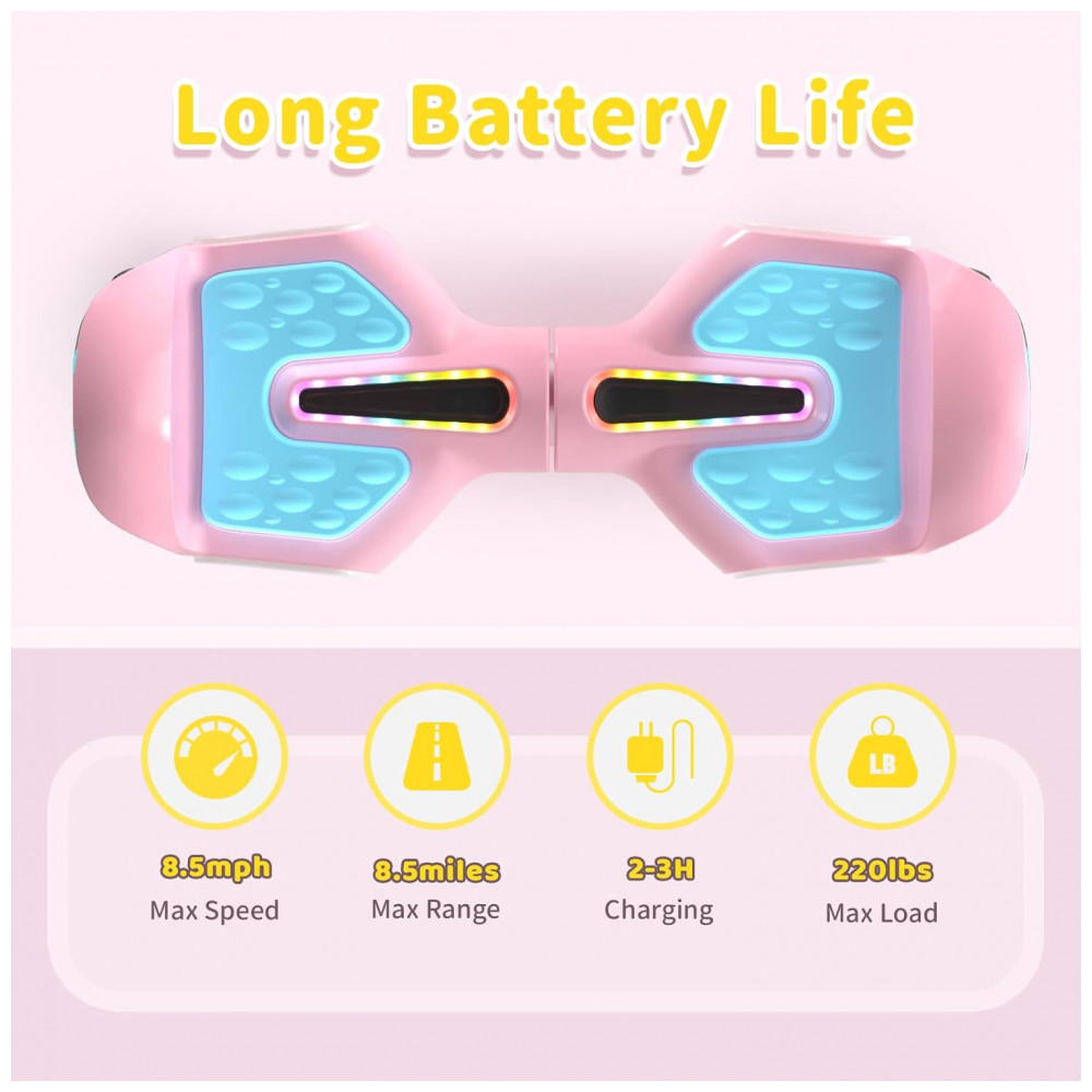 Hoverboard SIMATE Rosa e Azul 6,5" com Bluetooth, Luzes LED e Certificação UL2272 – Até 13,7 km/h, Autonomia de 12,8 km - Imagem 3