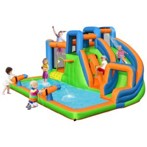 Parque Aquático Inflável 7 em 1 até 150 kg com Parede de Escalada Escorregador e 2 Canhões de Água BOUNTECH Colorido