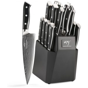 Conjunto de Facas em Aço Damasco VG10 com Bloco de Bancada e Cabo Ergonômico 18 Peças NANFANG BROTHERS Preto