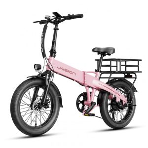 Bicicleta elétrica dobrável Jasion EB6 rosa pneus 20x25 motor 500W pico 1000W bateria 48V 105Ah 7 marchas quadro em alumínio até 37km/h 110V